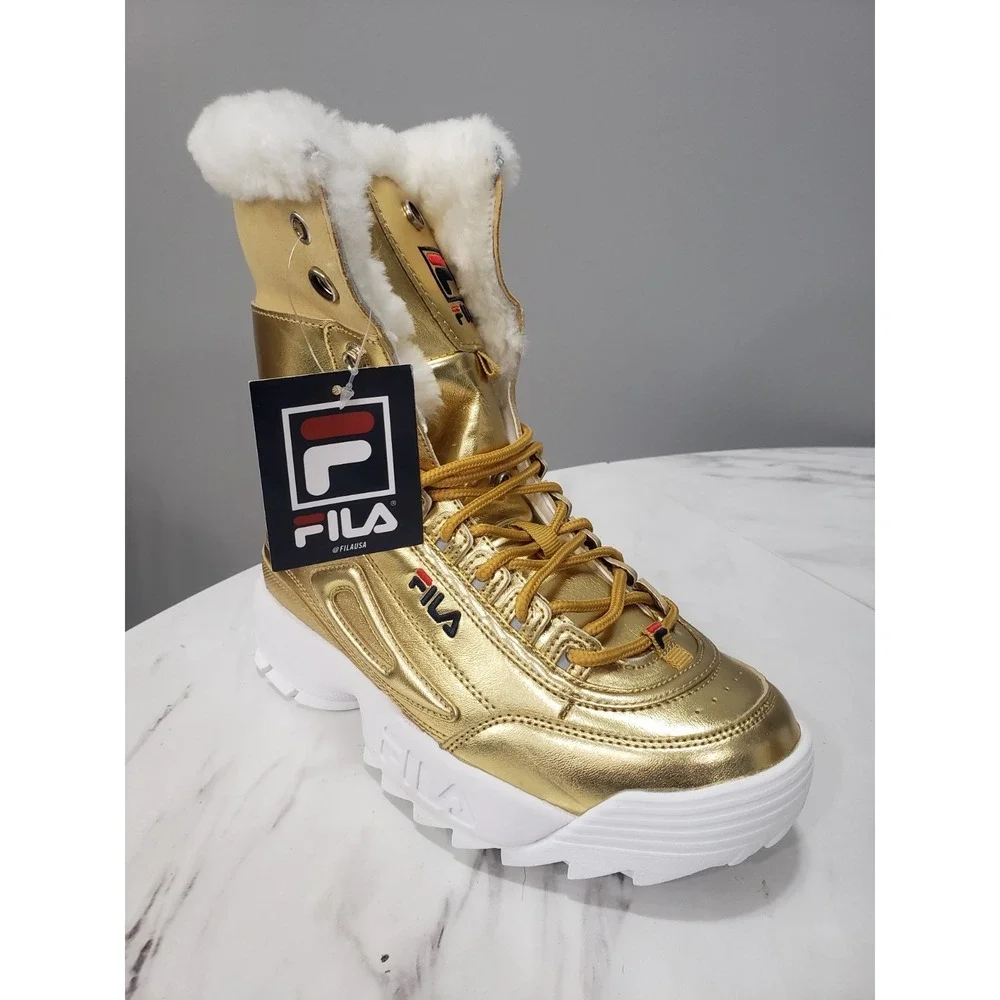 NEW NO BOX 5.5 WOMENS FILA Disruptor Shearling Winter Snow Boots Foldover GOld